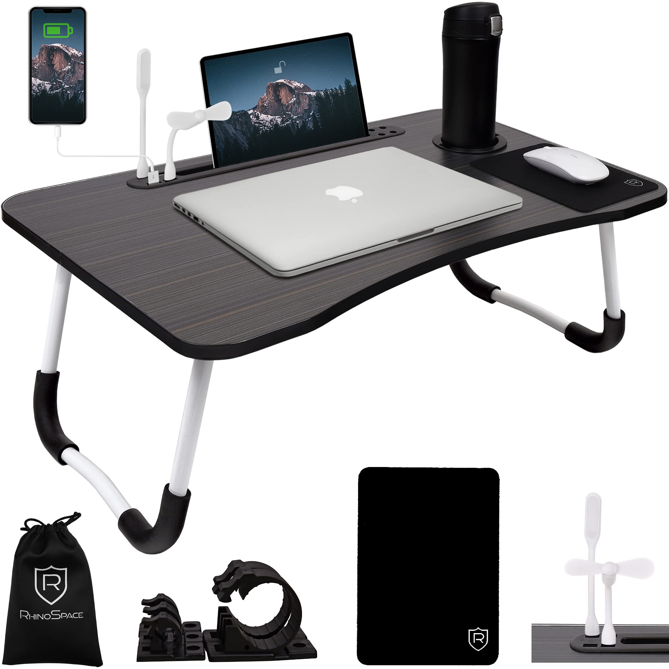 RhinoSpace Adjustable Laptop Bed Desk with USB Ports, Cup Holder & Accessories - Portable Workstation for Students, Home Office & Sofa Use - Ideal for Remote Work, Gaming & Studying in Bed