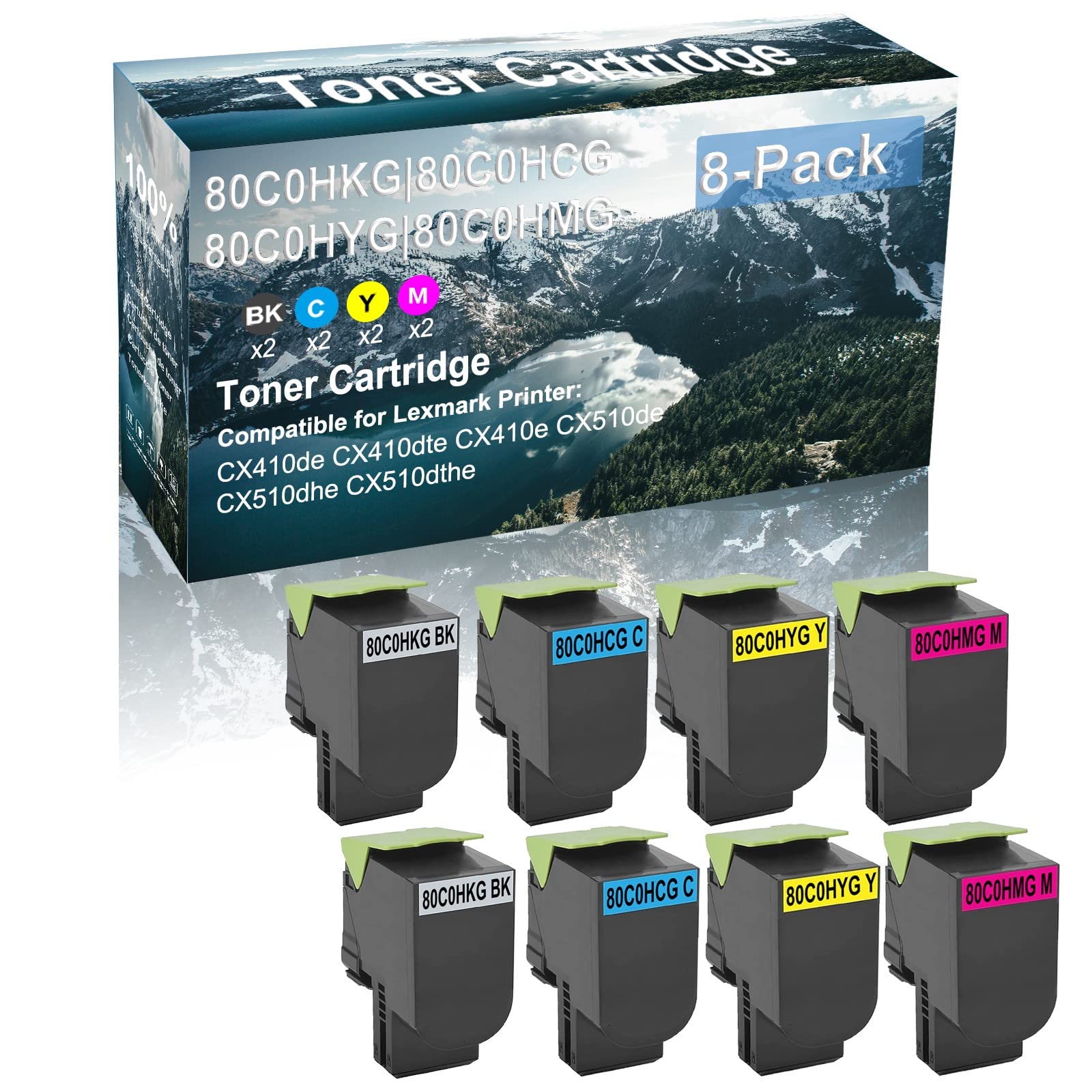 8-Pack (Black, Cyan, Yellow, Magenta) High-Yield Compatible Toner Cartridge for Brother CX410de/CX410dte/CX410e Printers - Replacement for 80C0HKG/80C0HCG/80C0HYG/80C0HMG - Perfect for Office & Home Printing Needs