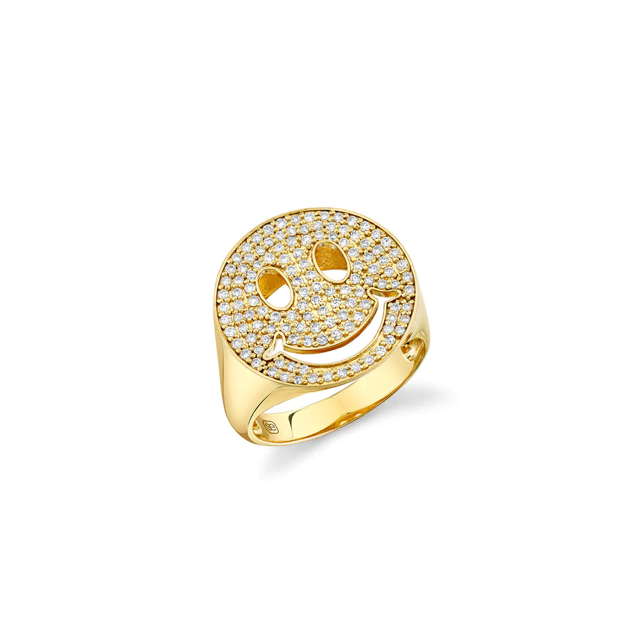 Sydney Evan 14K Gold & Diamond Large Happy Face Signet Ring for Women - Elegant Statement Jewelry for Parties, Gifts & Everyday Wear