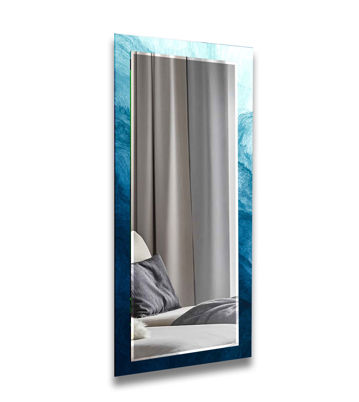 Abstract Blue Waves Wall Mirror - Modern Coastal Decor for Living Room, Bedroom & Bathroom - Handmade Glass Art for Home & Office Decor