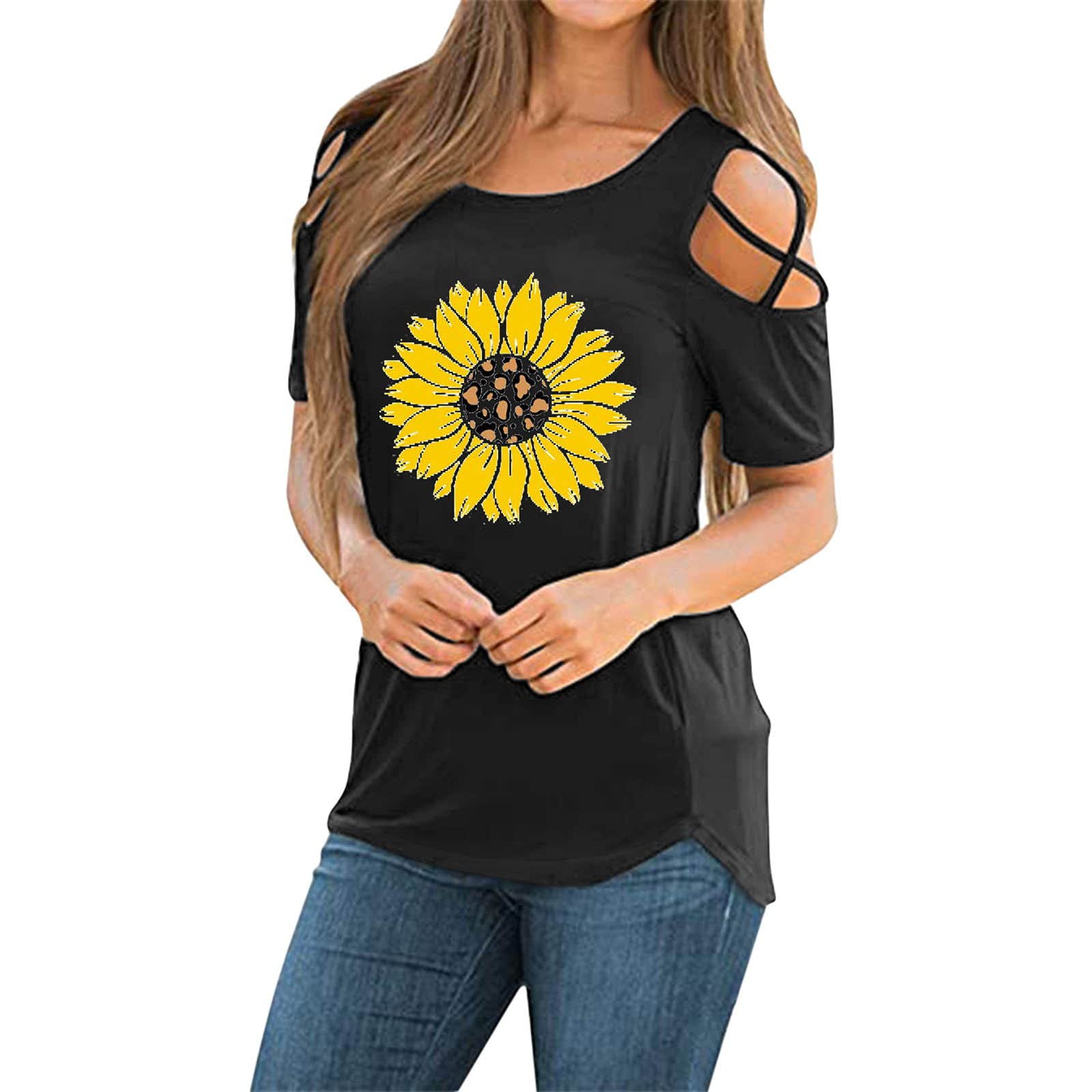 Women's Short Sleeve T-Shirts - Patriotic American Flag & Sunflower Print Summer Tops for 4th of July, Casual Wear & Outdoor Activities