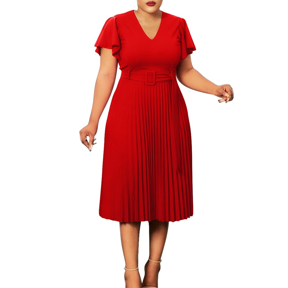 Elegant V-Neck Ruffle Sleeve Pleated Women's Dress for Wedding Guest, Plus Size S-3XL - Perfect for Mother's Day, Bridal Shower & Special Occasions