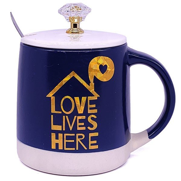 Ceramic Coffee Mug Set with Lid and Steel Spoon - 'Love Lives Here' Printed Design - Perfect for Home, Office, or Gift Giving