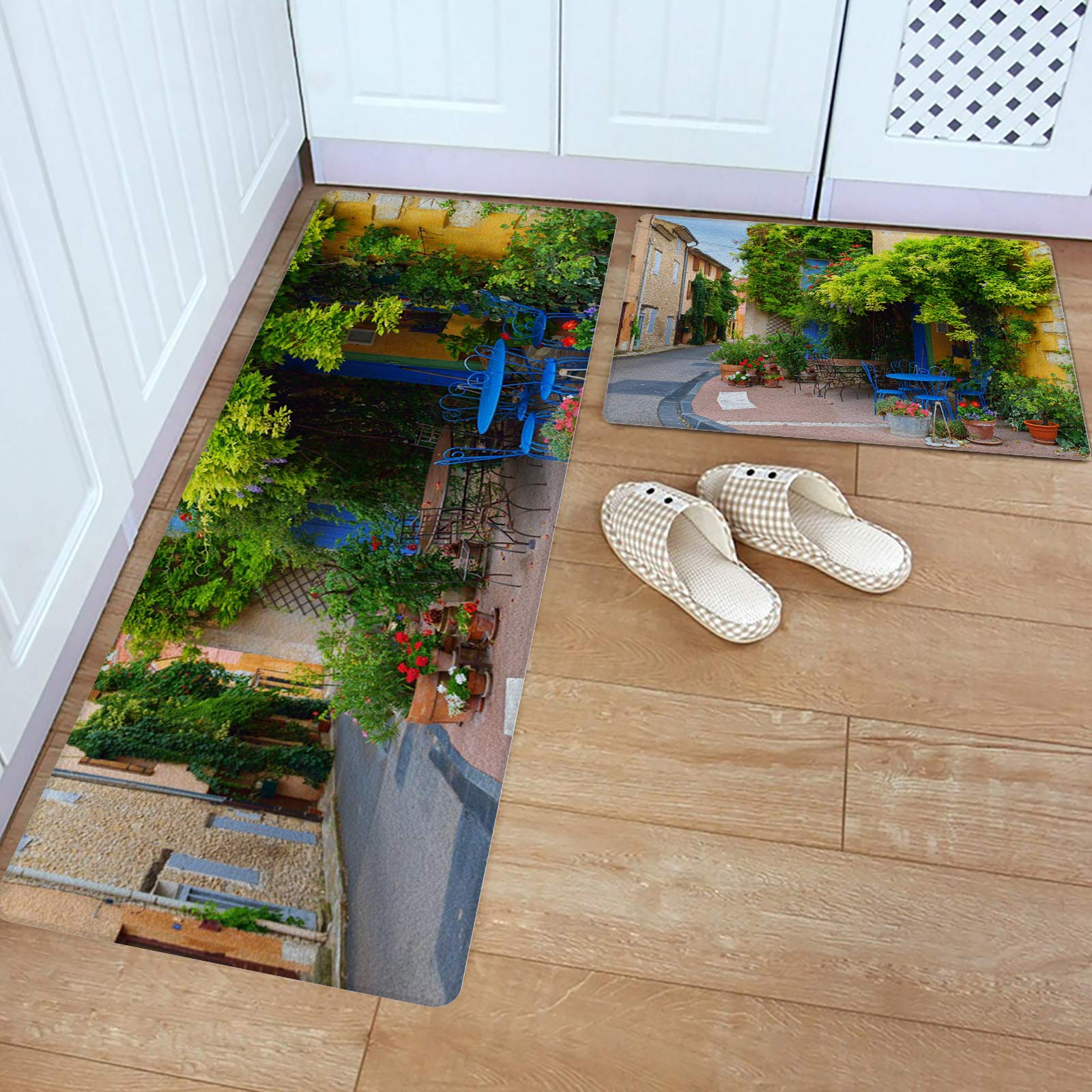 2-Piece PVC Leather Kitchen Rug Set - Waterproof Non-Slip Floor Mat with French Provence Street & Flower Pot Design (18''x30'' + 18''x47'') - Perfect for Kitchens, Standing Desks & High-Traffic Areas