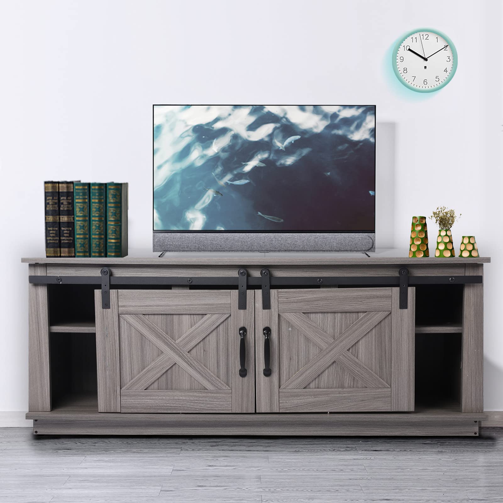 Rustic Sliding Barn Door TV Stand - Farmhouse Style Entertainment Center with Adjustable Storage Shelves, 46