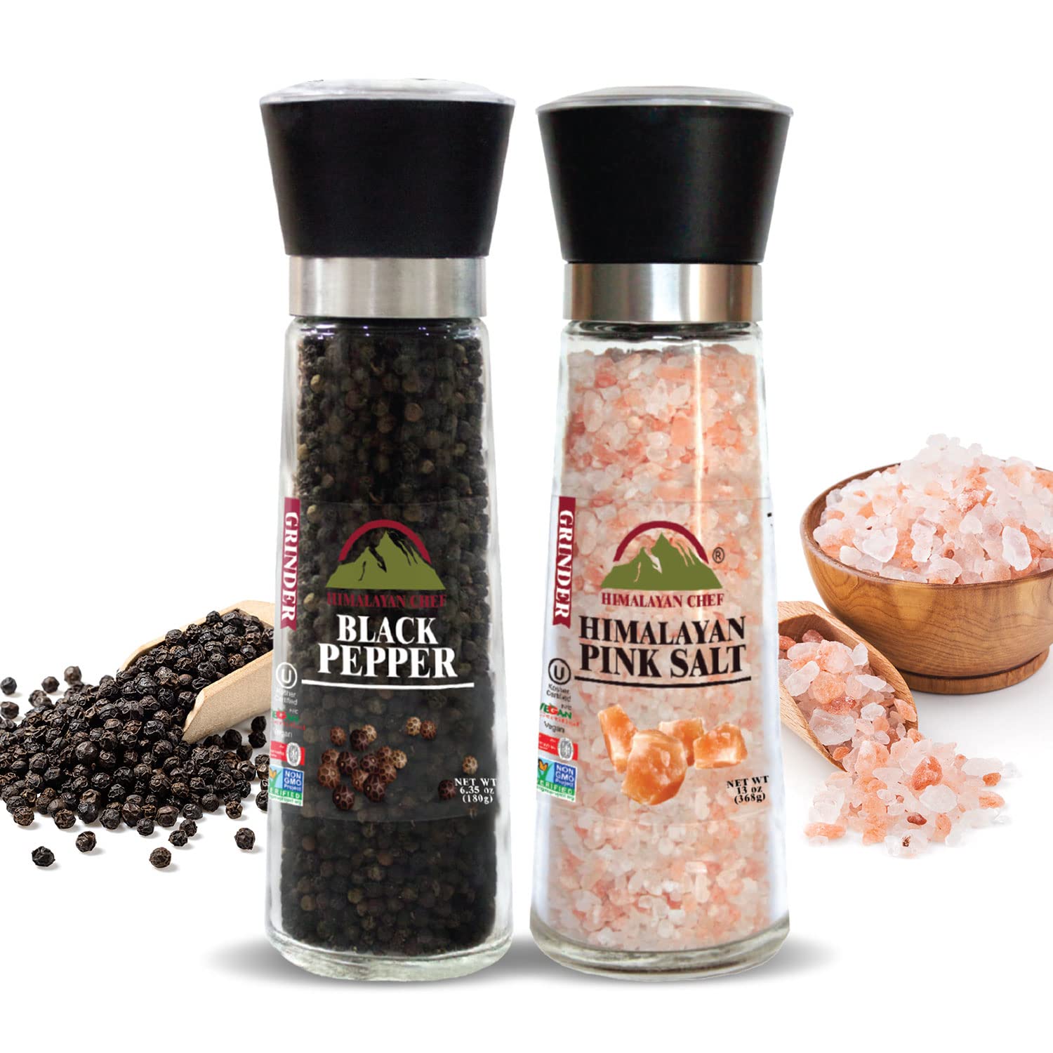 Premium Himalayan Pink Salt & Pepper Grinder Set - 2 Adjustable Ceramic Mills with Glass Containers - Large Salt Shaker & Pepper Mill for Gourmet Cooking, Kitchen, Dining Table & Restaurant Use (5351AX2)