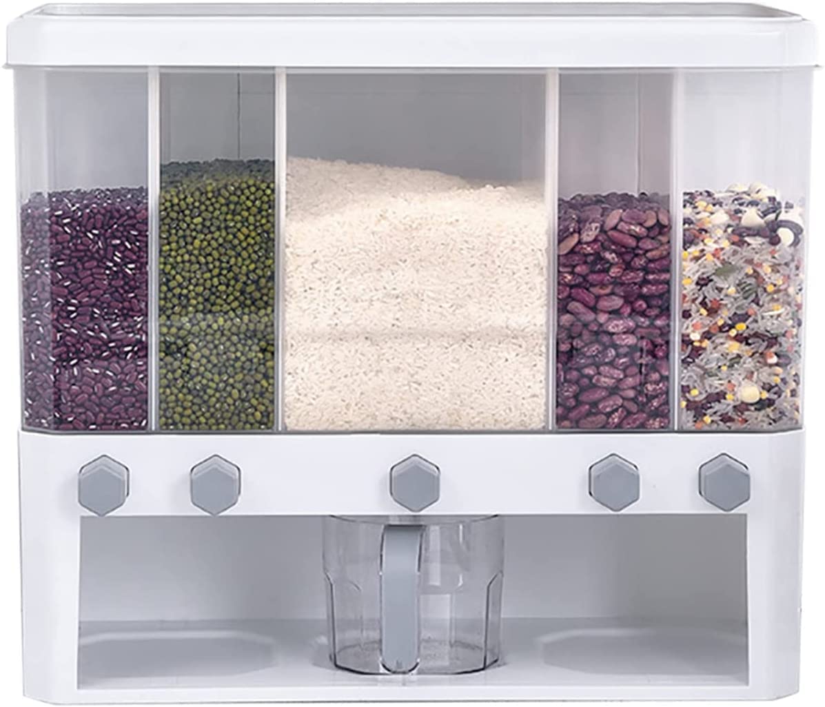 5 Grid Wall Mounted Rice Dispenser with Measuring Cup - 10L Grain Storage Container for Kitchen, Detachable Partition for Rice, Beans & Cereals - Perfect for Pantry Organization & Space Saving Kitchen Storage