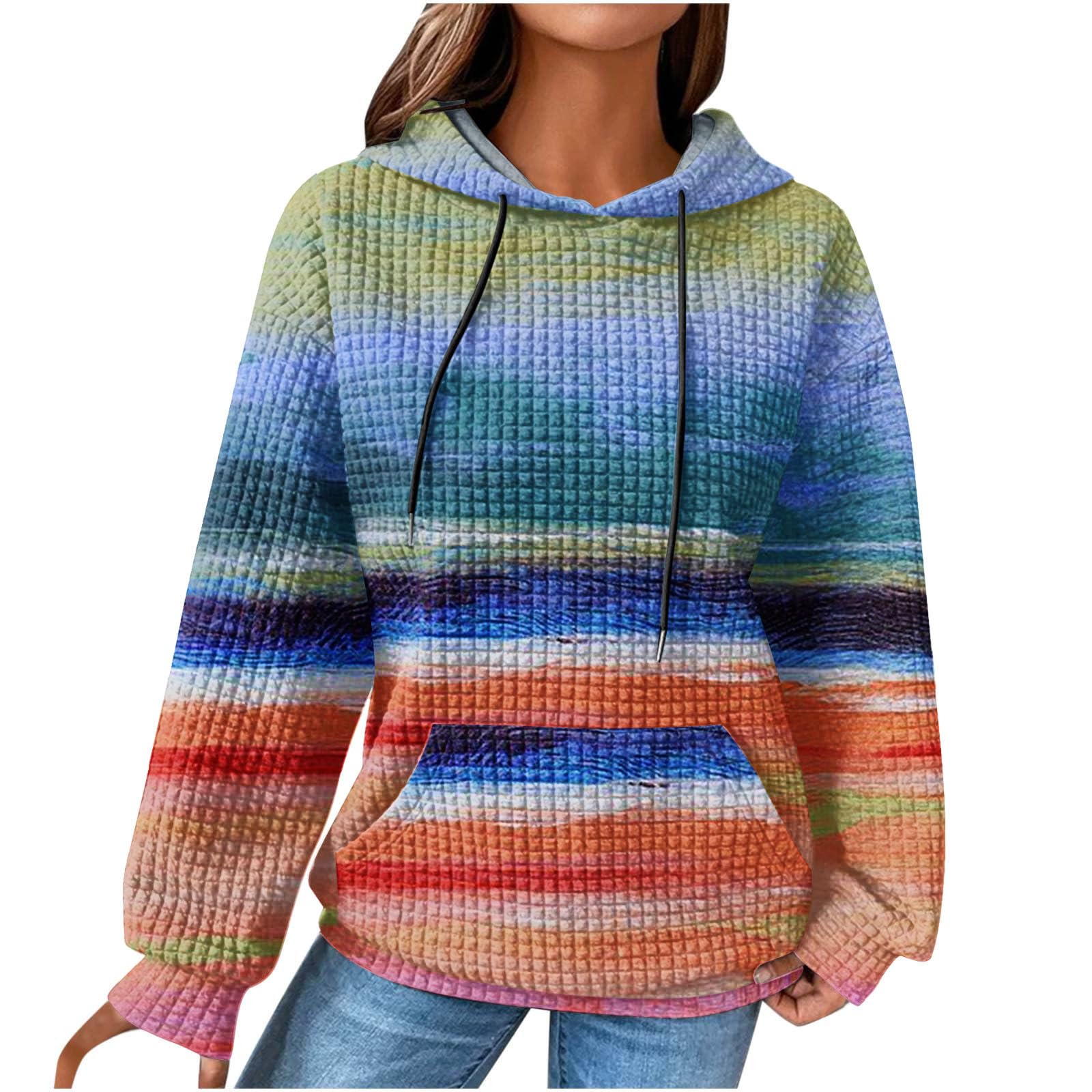 Women's Waffle Knit Hoodie - Soft Multicolor Pullover Sweatshirt with Pocket | Loose Fit Casual Wear for Lounge, Travel & Street Style
