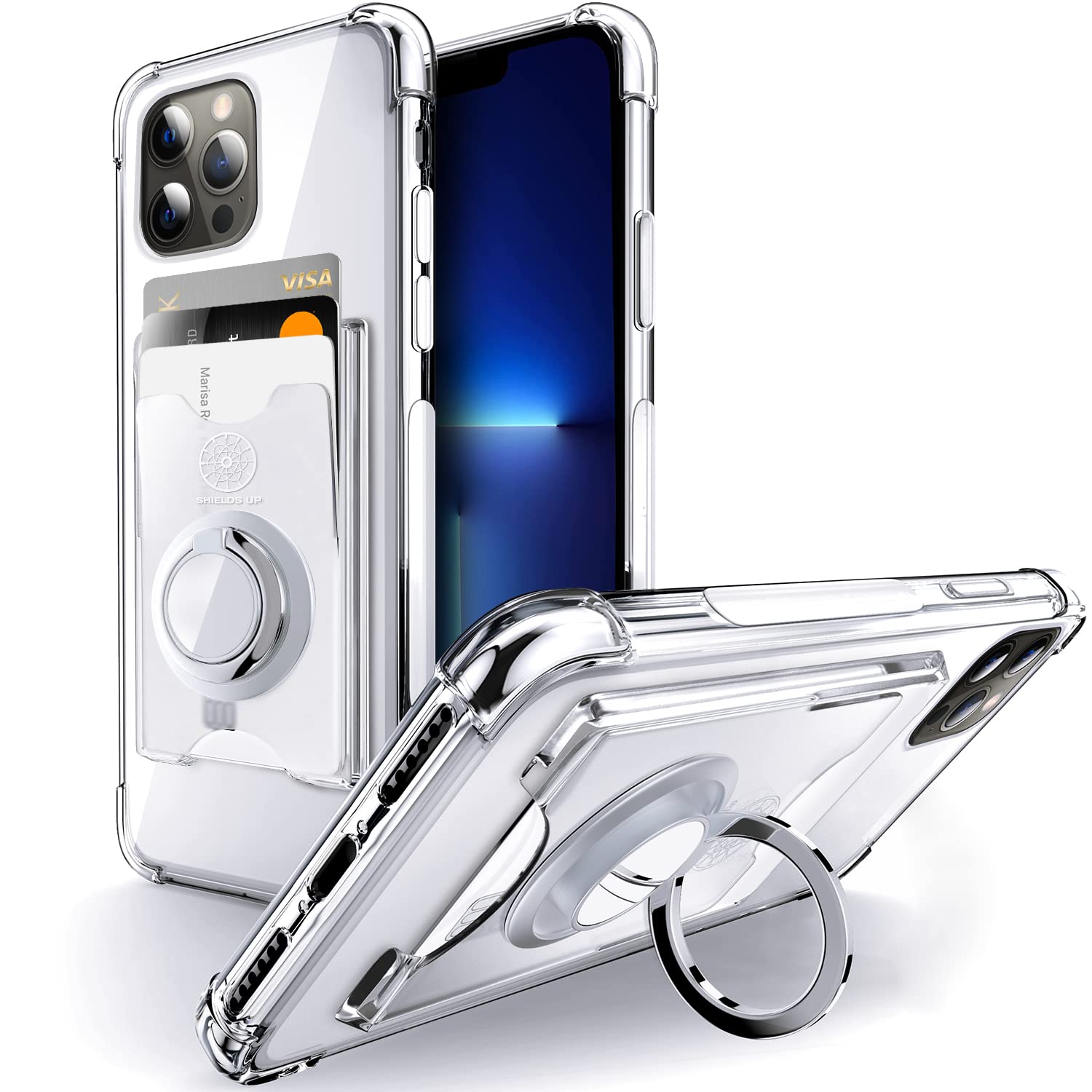 Shields Up iPhone 12 Pro Max Case (6.7 inch) - Slim Clear Protective Cover with Built-in Card Holder (Holds 3 Cards) & Ring Stand | Drop Protection | Minimalist Wallet Design | Perfect for Everyday Use, Travel & Hands-Free Viewing