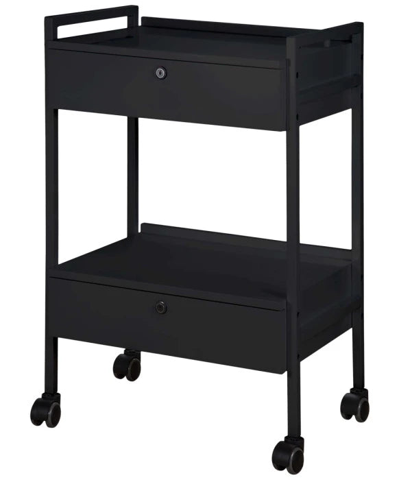 SilverFox Rolling Utility Cart with 2 Drawers - Black Mobile Storage Organizer for Kitchen, Office, or Bathroom Organization
