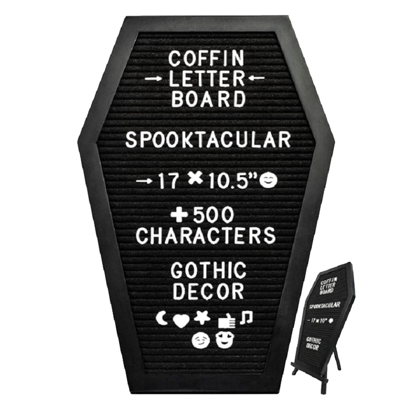Spooky Gothic A/R Black Felt Letter Board with Precut White Characters & Wooden Stand - Creepy Coffin Message Board for Halloween, Home Decor, Bedroom, Office & Party Decorations