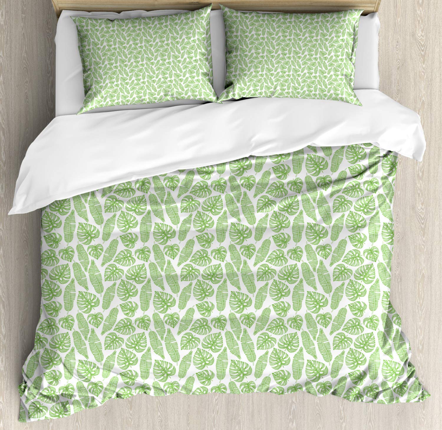 Ambesonne Aloha Hawaiian Jungle Leaves Duvet Cover Set - 3 Piece Queen Size Bedding with 2 Pillow Shams in Lime Green & White - Tropical Monochrome Leaf Pattern for Beach House, Vacation Home & Boho Bedroom Decor