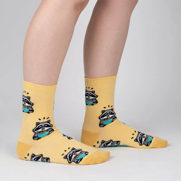 Funny Novelty Crew Socks - I Just Love Ramen & Raccoons Design | Comfortable Cotton Socks for Women & Men | Perfect for Anime Lovers, Gift Giving & Casual Wear