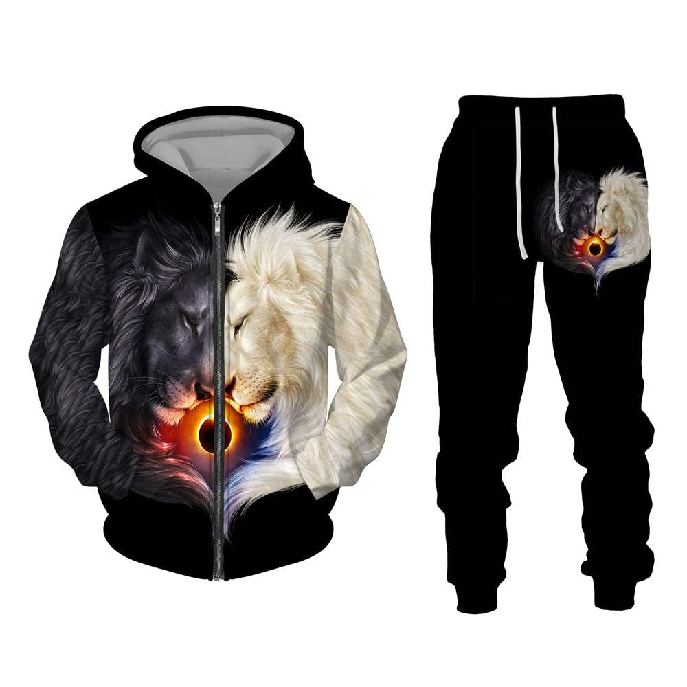 KKLLHSH Men's Lion Graphic Printed Tracksuit Set - Long Sleeve Zipper Hoodie & Pants - Plus Size Athletic Wear for Gym, Running & Casual Street Style