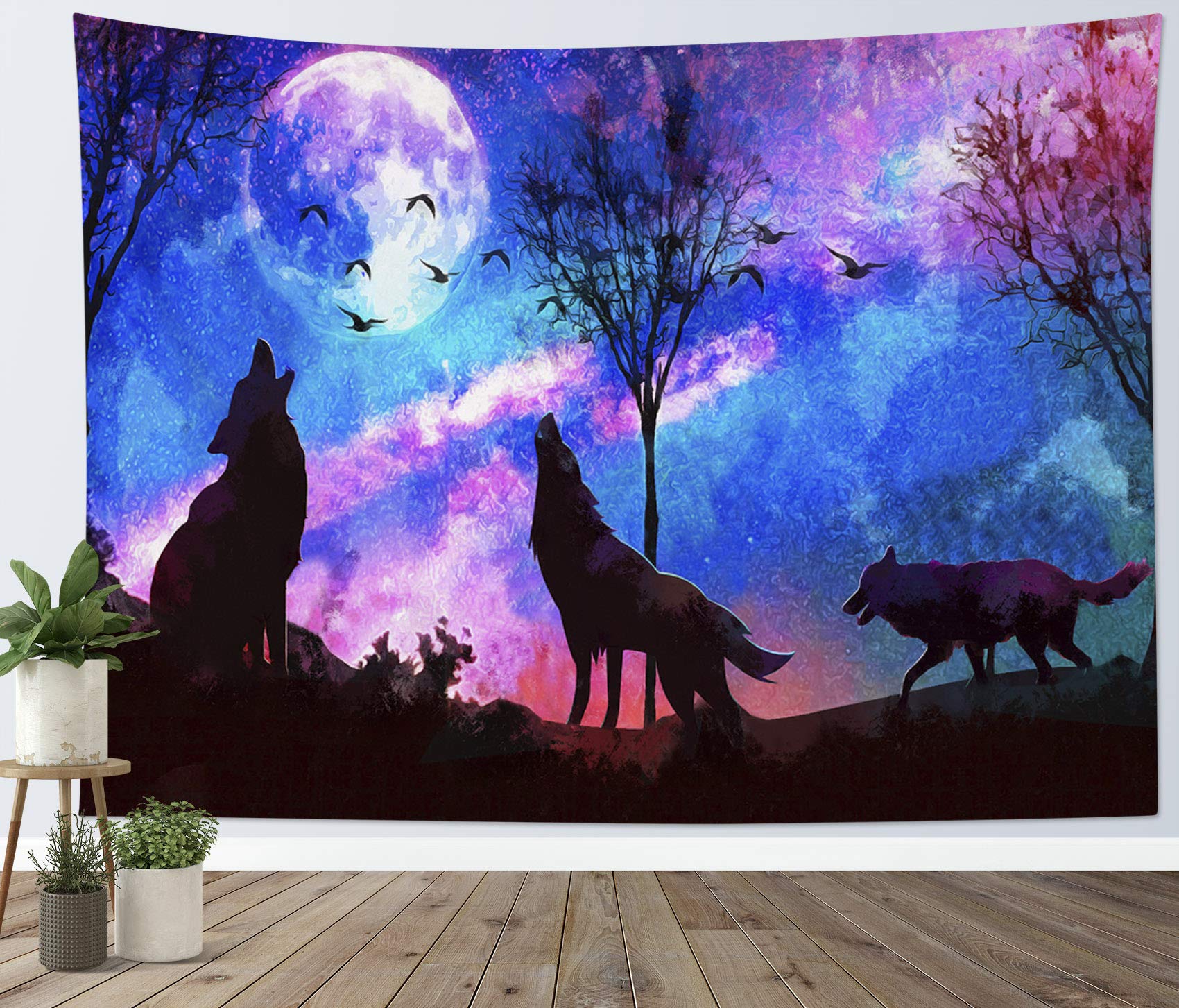 HVEST Wolf Tapestry Purple Blue Psychedelic Starry Sky Moon Mountains Wall Hanging Blanket for Bedroom Living Room Teen Dorm Indie Decor Poster 60x40 Inches, Perfect for Home Office Meditation Space and Cozy Reading Nook
