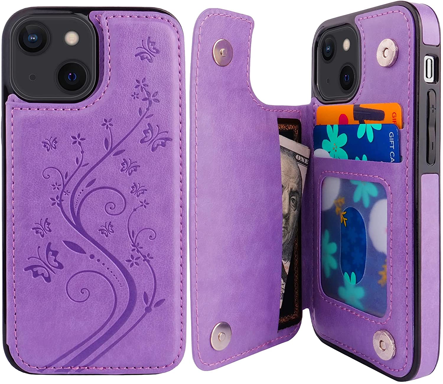 iPhone 13 Mini Wallet Case with Credit Card Holder - Butterfly Flower Design - Slim Protective Phone Cover for Everyday Use & Travel