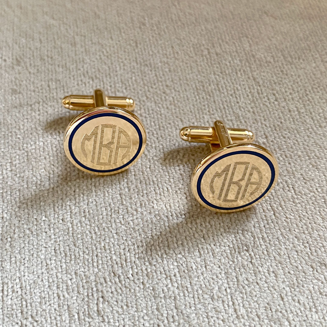 Elegant Gold Plated Blue Enamel Round Cufflinks for Men - Perfect for Weddings, Business Attire & Formal Occasions