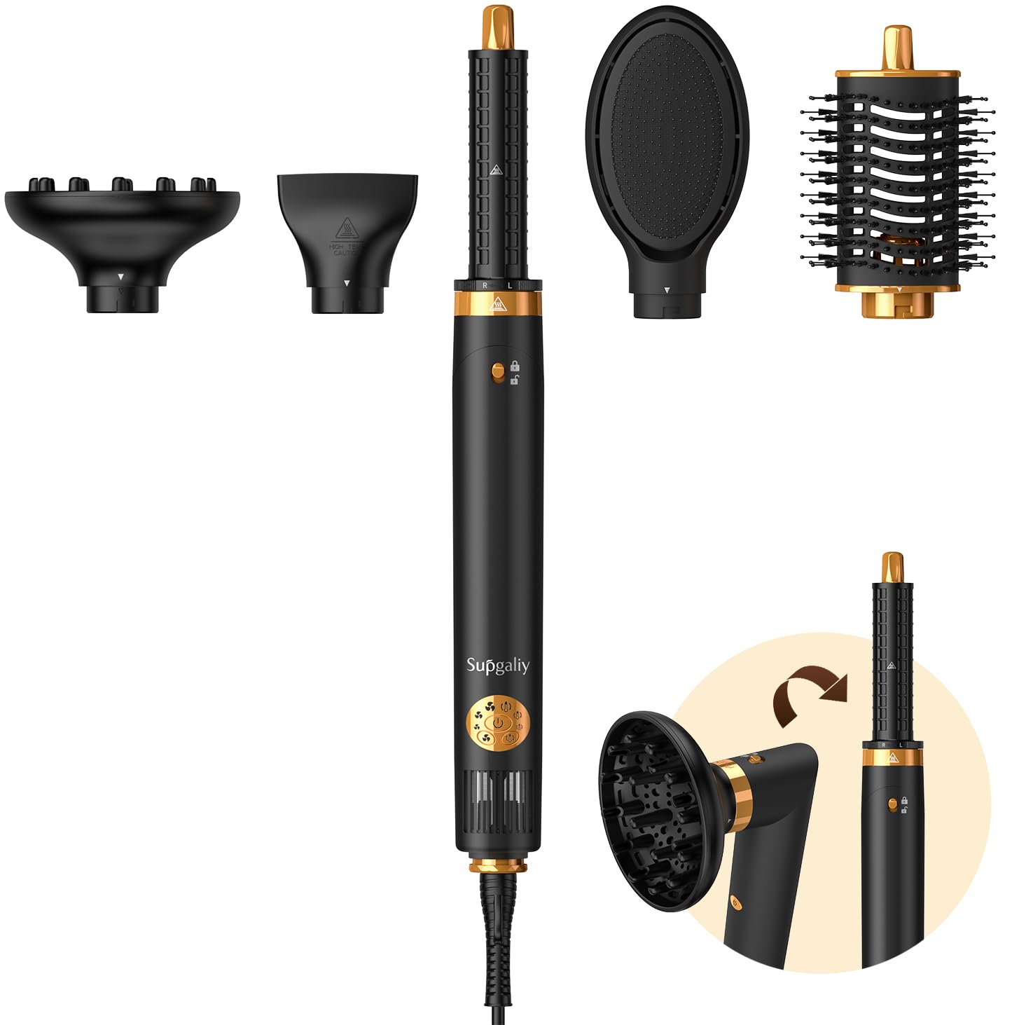 5 in 1 Air Styler & High-Speed Hair Dryer Brush - 110,000 RPM Professional Blow Dryer with Auto-Wrap Curler, Cushion Massager, Oval Brush & Diffuser Attachments - Perfect for Salon-Quality Styling at Home, Travel & Daily Hair Care