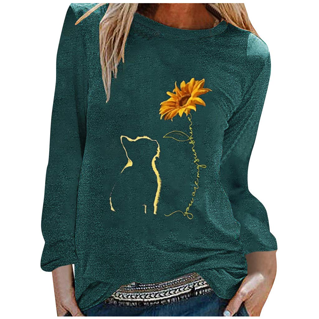 Women's Loose Long Sleeve T-Shirt - Soft Casual Cat & Sunflower Print Blouse - Purple Floral Top for Autumn/Fall | Perfect for Daily Wear, Office Outfits & Weekend Casual Looks