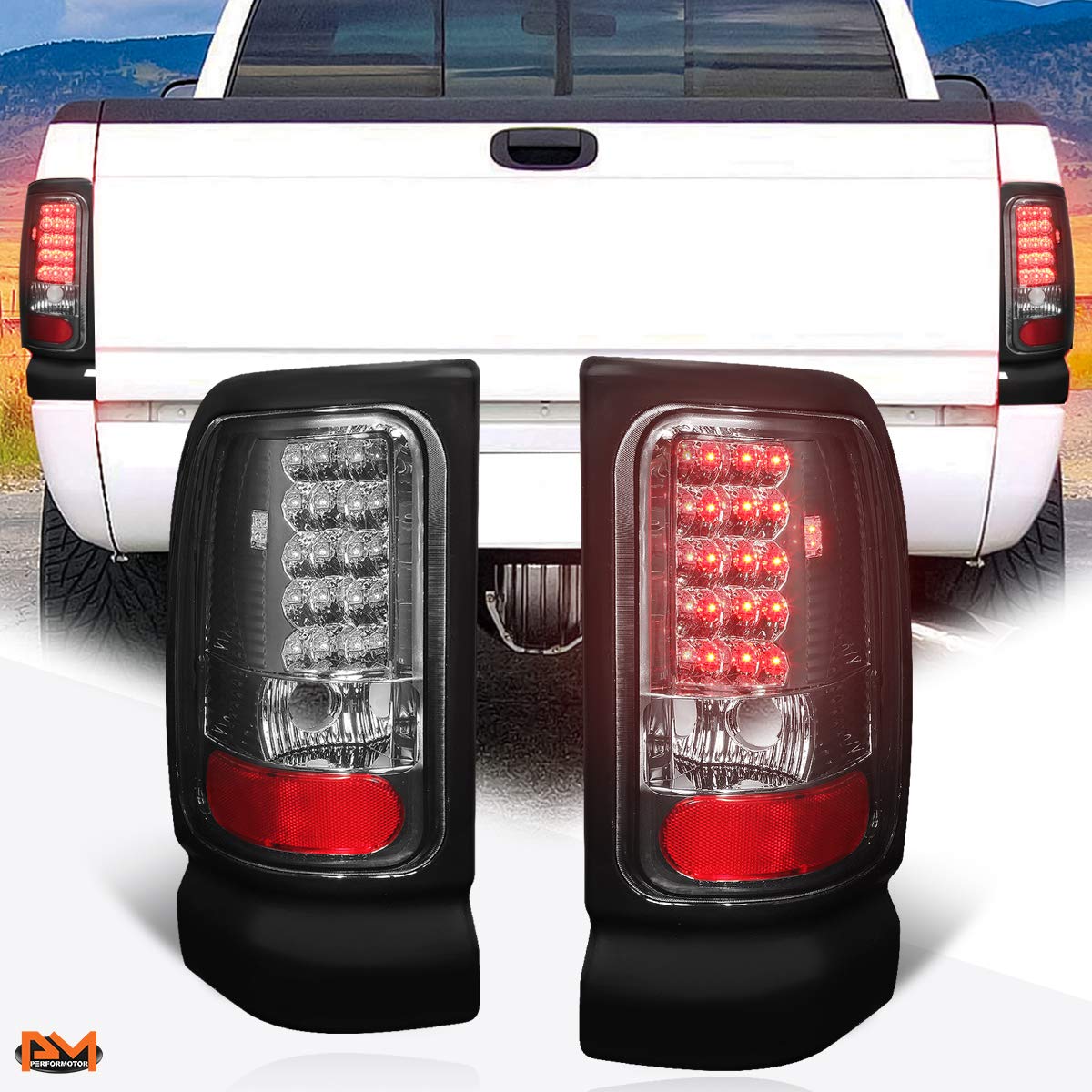 PM PERFORMOTOR Full LED Tail Lights Brake Lamps Assembly - Compatible with 1994-2002 Dodge Ram 1500/2500/3500 - Chrome Housing & Smoked Lens - Enhanced Visibility & Safety for Night Driving & Off-Road Adventures