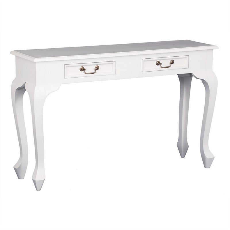 Queen Anne Solid Wood 2-Drawer French Console Sofa Table - 120cm White Entryway Furniture for Living Room, Hallway & Bedroom Decor (TWS899ST-002-QA-WH)