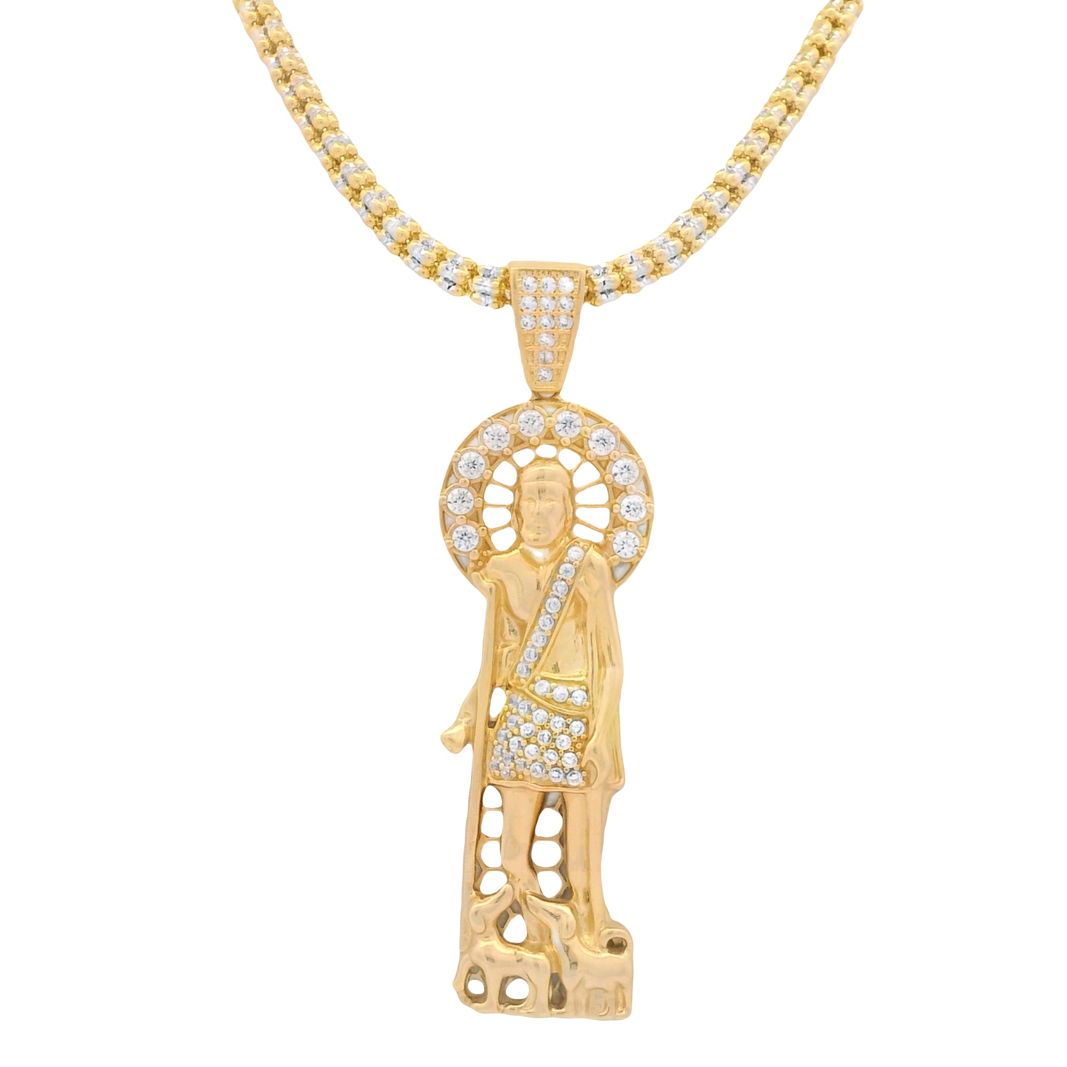 14K Gold San Lazaro CZ Pendant with Iced Out Chain (3.3mm, 24 Inches) - Elegant Religious Jewelry for Men & Women | Perfect for Gifts, Church, and Special Occasions