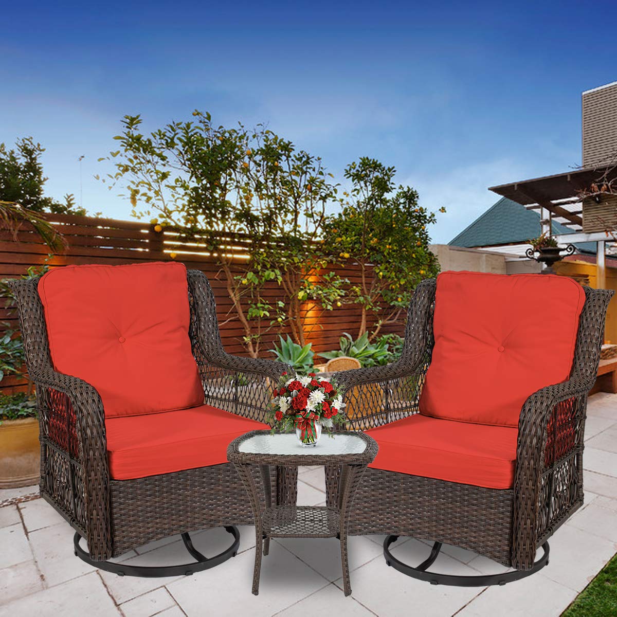 360-Degree Swivel Rocking Wicker Patio Chairs Set of 2 with Glass-Top Side Table - 3-Piece Outdoor Bistro Furniture Set with Thick Cushions for Garden, Poolside & Backyard Relaxation