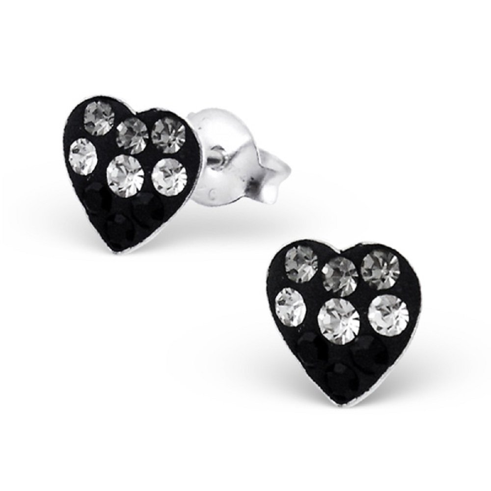925 Silver Black Heart Stud Earrings with Crystals for Women - Perfect for Gifts & Parties