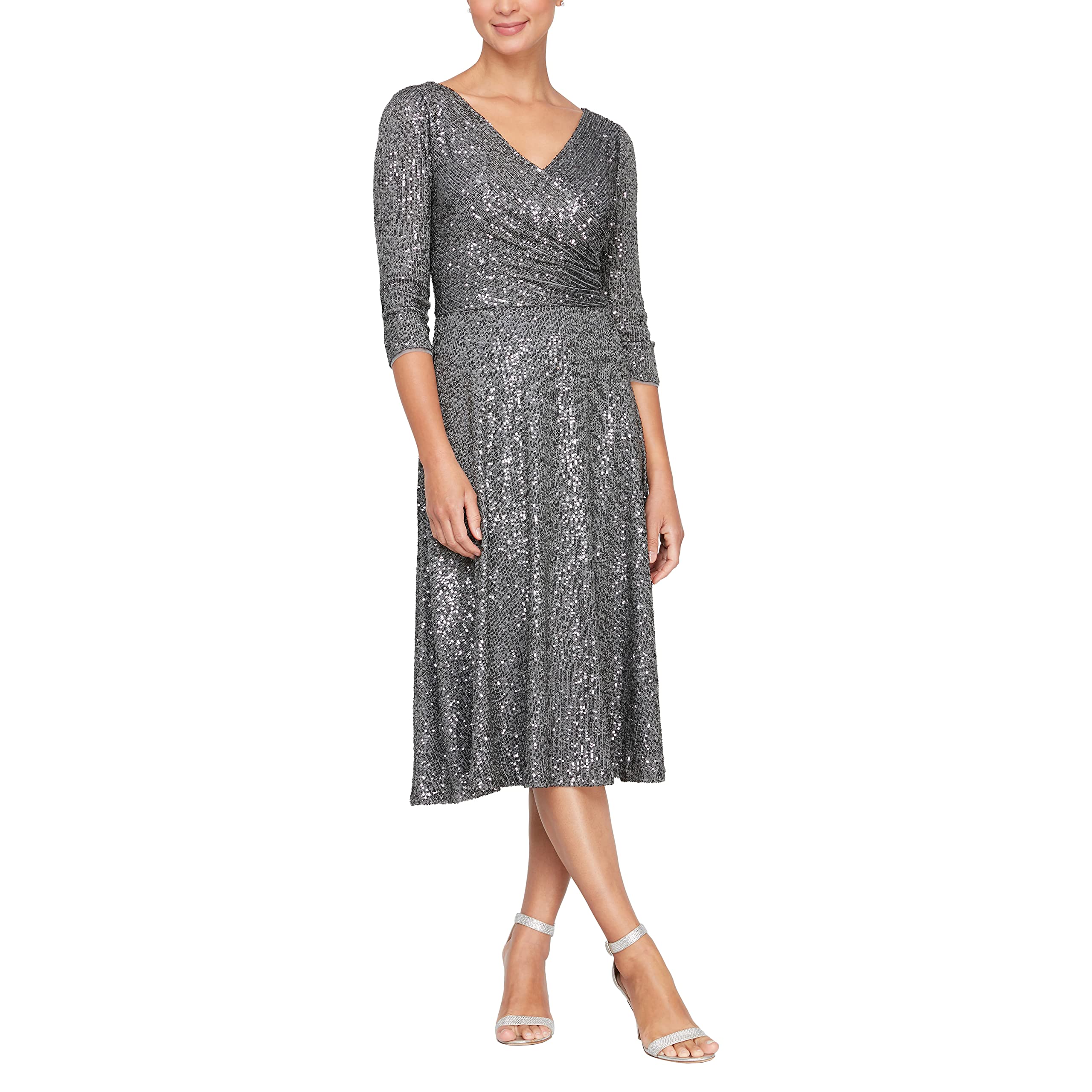 Alex Evenings Women's 3/4 Sleeve Sequin A-Line Cocktail Dress for Parties & Special Occasions - Available in Missy, Petite & Plus Sizes - Perfect for Weddings, Galas & Evening Events