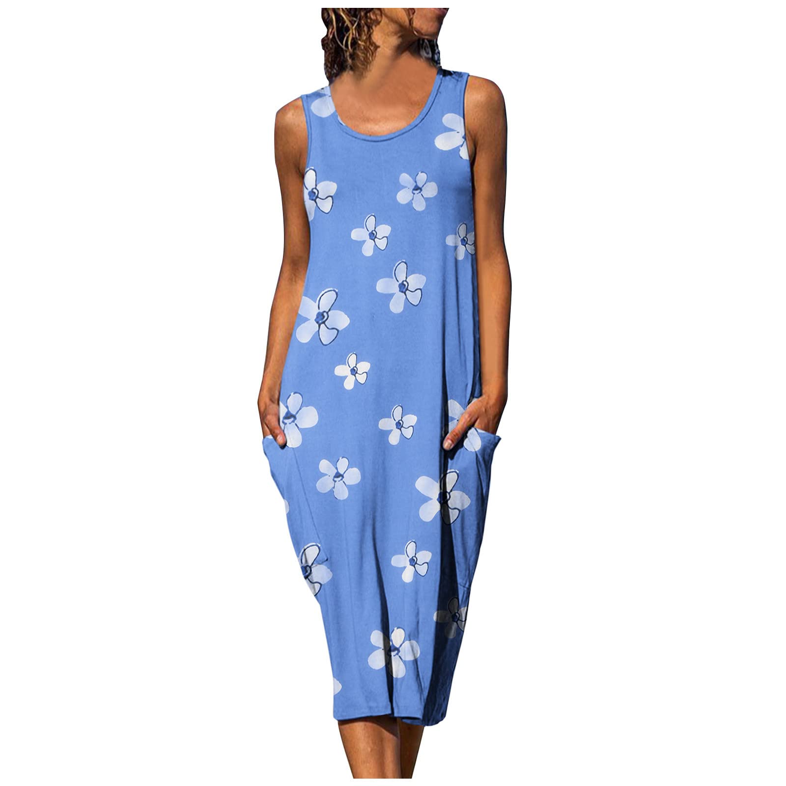 Women's Floral Printed Casual Dress - Round Neck Sleeveless Loose Midi Dress for Summer, Beach, Vacation & Everyday Wear