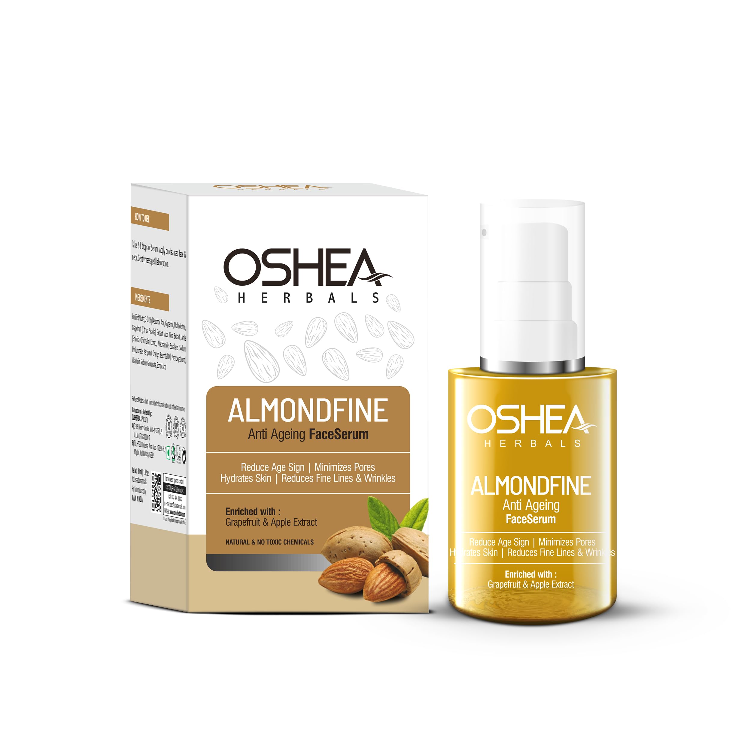 Oshea Herbals Almondfine Anti-Aging Face Serum for Normal Skin – Hydrating Formula Reduces Fine Lines & Wrinkles | Enriched with Grapefruit & Apple Extracts | 30ml | Perfect for Daily Skincare Routine & Nighttime Rejuvenation
