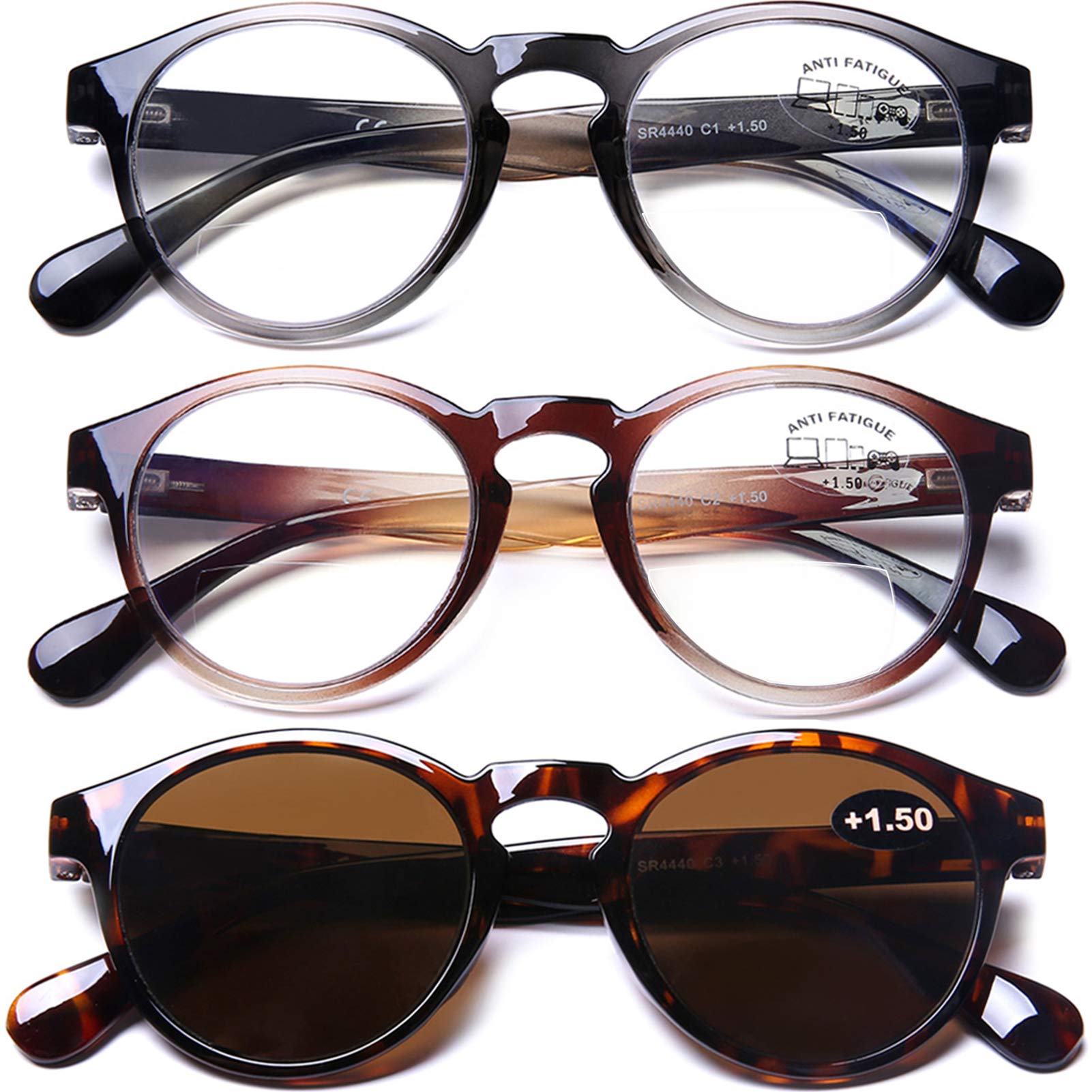 AQWANO 3-Pack Blue Light Blocking Bifocal Computer Reading Glasses - Ultra Thin Lightweight Stylish Round Frame for Men & Women (3.0 Magnification) - Perfect for Office Work, Screen Time & Reading