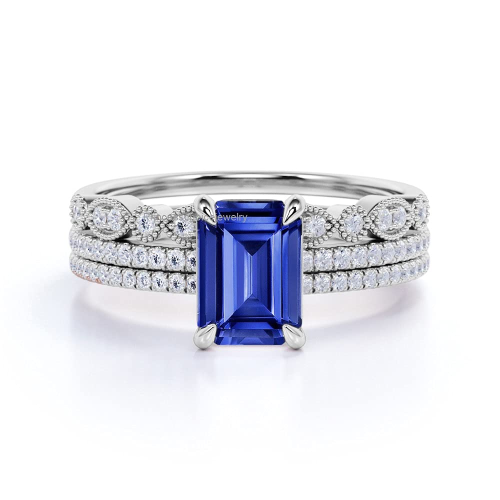 PB Collection 925 Sterling Silver Emerald Cut Gemstone Engagement Ring & Wedding Band Set for Women - Perfect for Proposals, Bridal Jewelry, and Anniversary Gifts