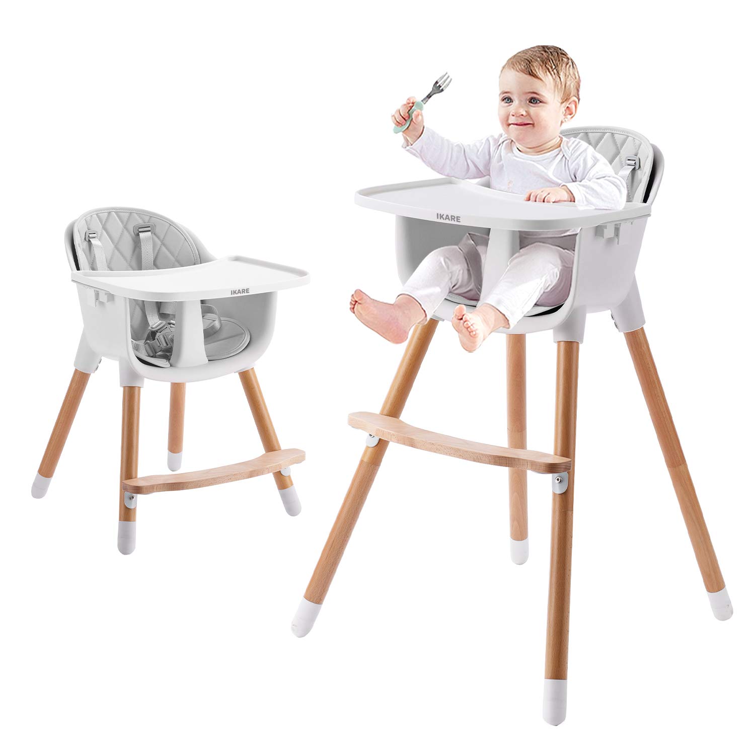 IKARE 3-in-1 Adjustable Wooden Baby High Chair with Removable Tray & Safety Harness - Convertible Infant Highchair, Booster Seat & Toddler Chair | Modern Gray Wood Design | Perfect for Dining, Feeding & Playtime at Home or Restaurant