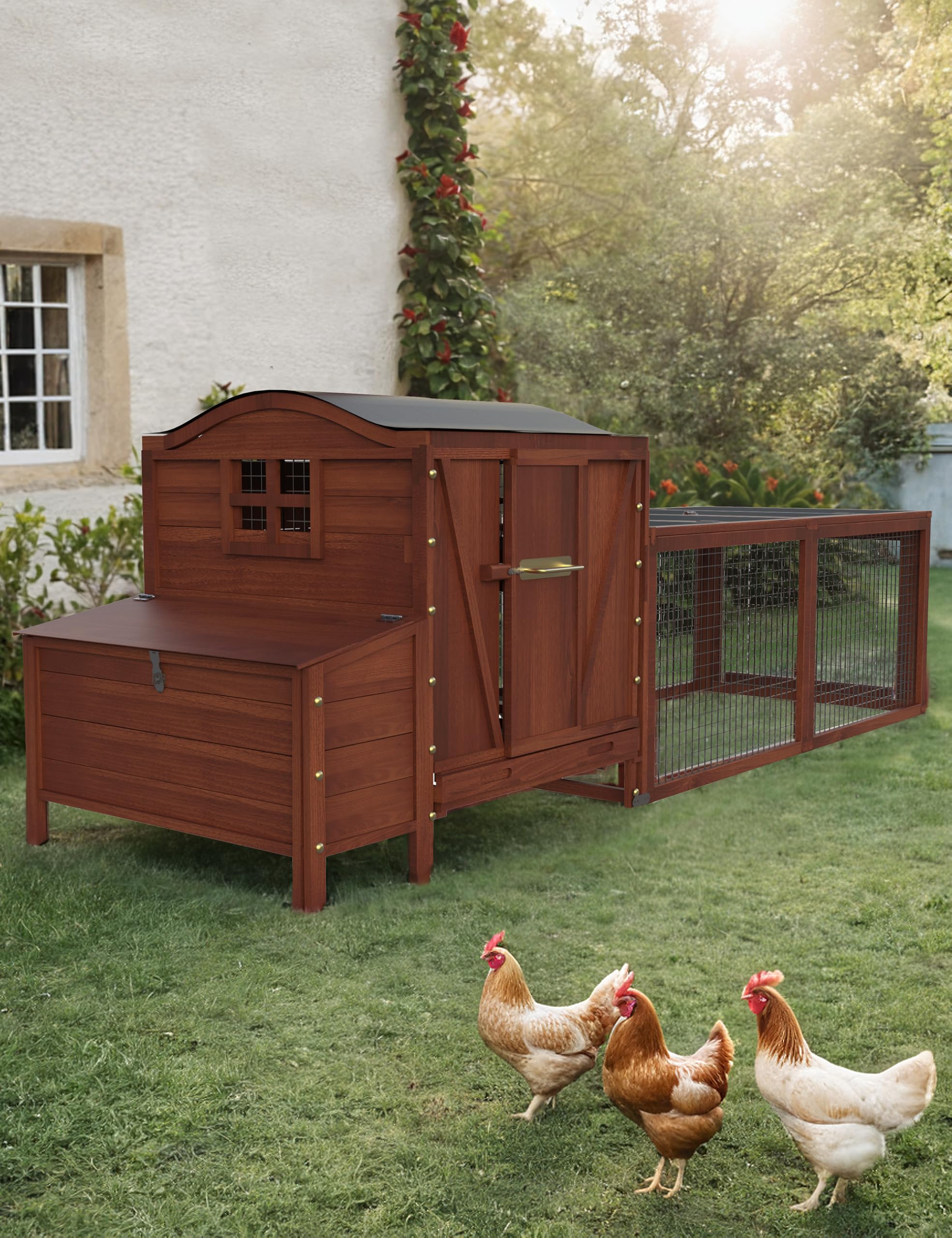 **Red 106in Rabbit Hutch & Chicken Coop - Waterproof UV-Resistant Roof, Leak-Proof Pull-Out Tray, Ramp & Run - Indoor/Outdoor Small Animal Cage for Rabbits, Chickens, and Pets (Perfect for Backyard, Garden, or Patio Use)**