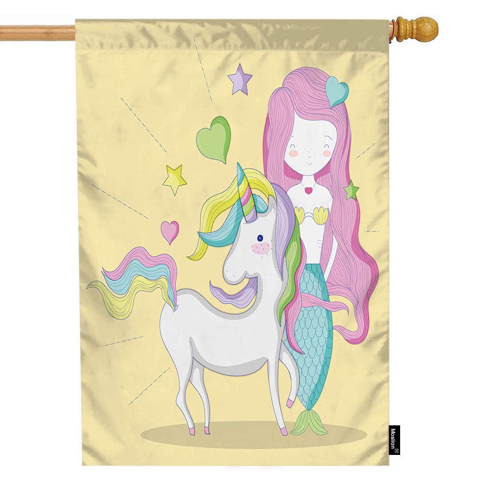 Double-Sided Mermaid & Unicorn House Flag 28x40 Inch - Cute Cartoon Pony Princess with Stars & Hearts - Outdoor Summer Decorative Cotton Linen Flag for Porch, Garden & Yard Decor