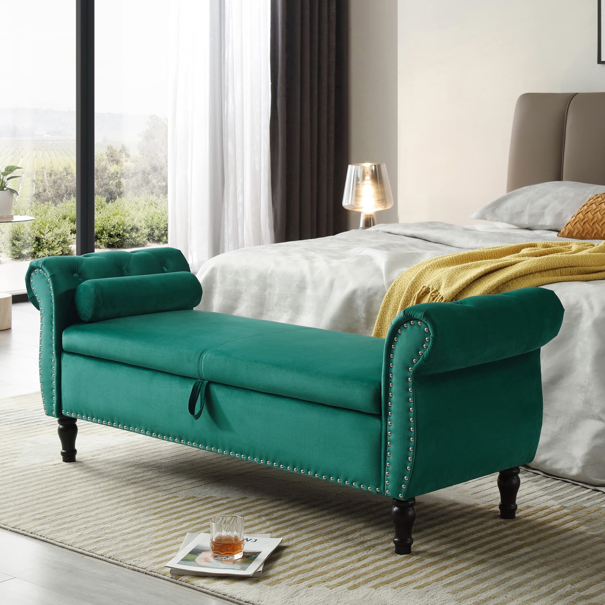 Homtique Velvet Storage Ottoman Bench with Nailhead Trim - Large Upholstered Footstool with Hidden Storage for Living Room, Bedroom & Entryway (Green) | Perfect as Bed End Seat, Shoe Storage Bench or Cozy Living Room Accent