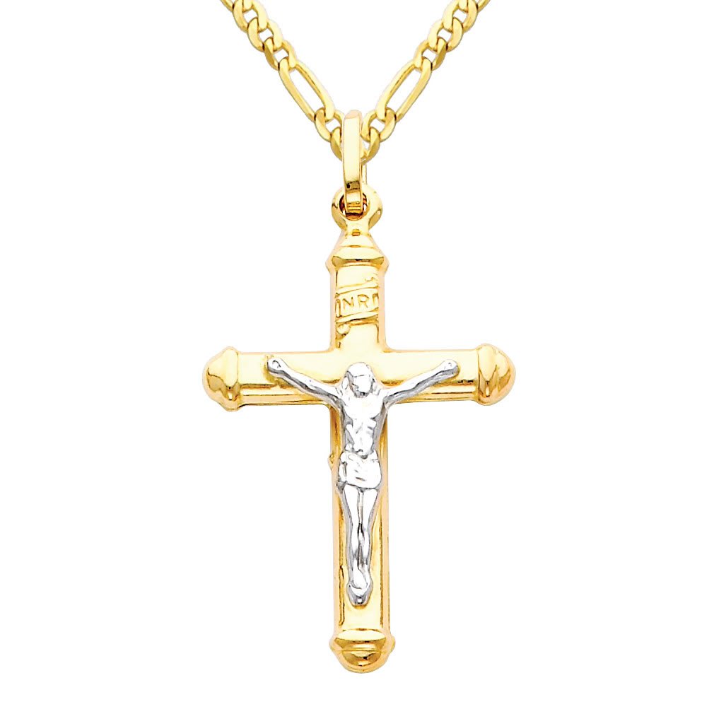 14K Two Tone Gold Jesus Cross Pendant Necklace with 2mm Figaro Chain - Religious Jewelry Gift for Baptism, Confirmation & Church Events