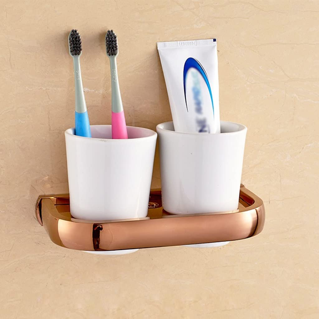 Premium Rose Gold Full Copper Wall Mounted Towel Rack & Toilet Paper Holder Set - Double Cup Bathroom Hardware Accessories for Modern Home Decor (Ideal for Guest Bathrooms & Spa-Style Master Suites)