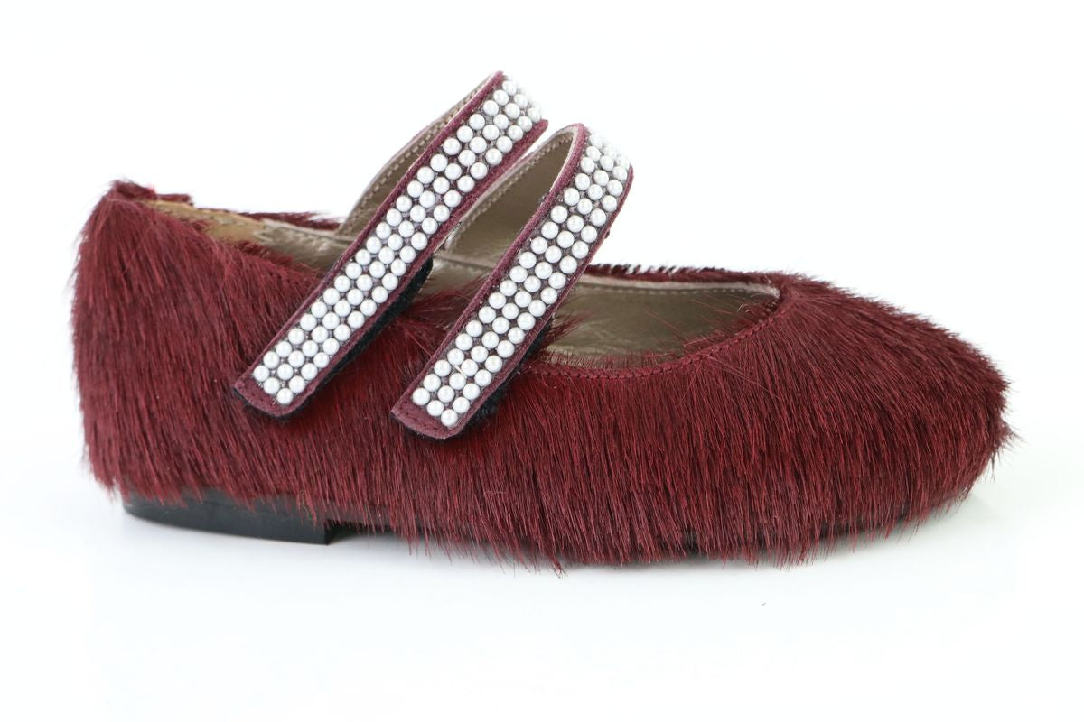 Burgundy Pony Pearl Velcro Mary Jane Shoes for Girls - Comfortable & Stylish Toddler Shoes for School, Party, and Everyday Wear