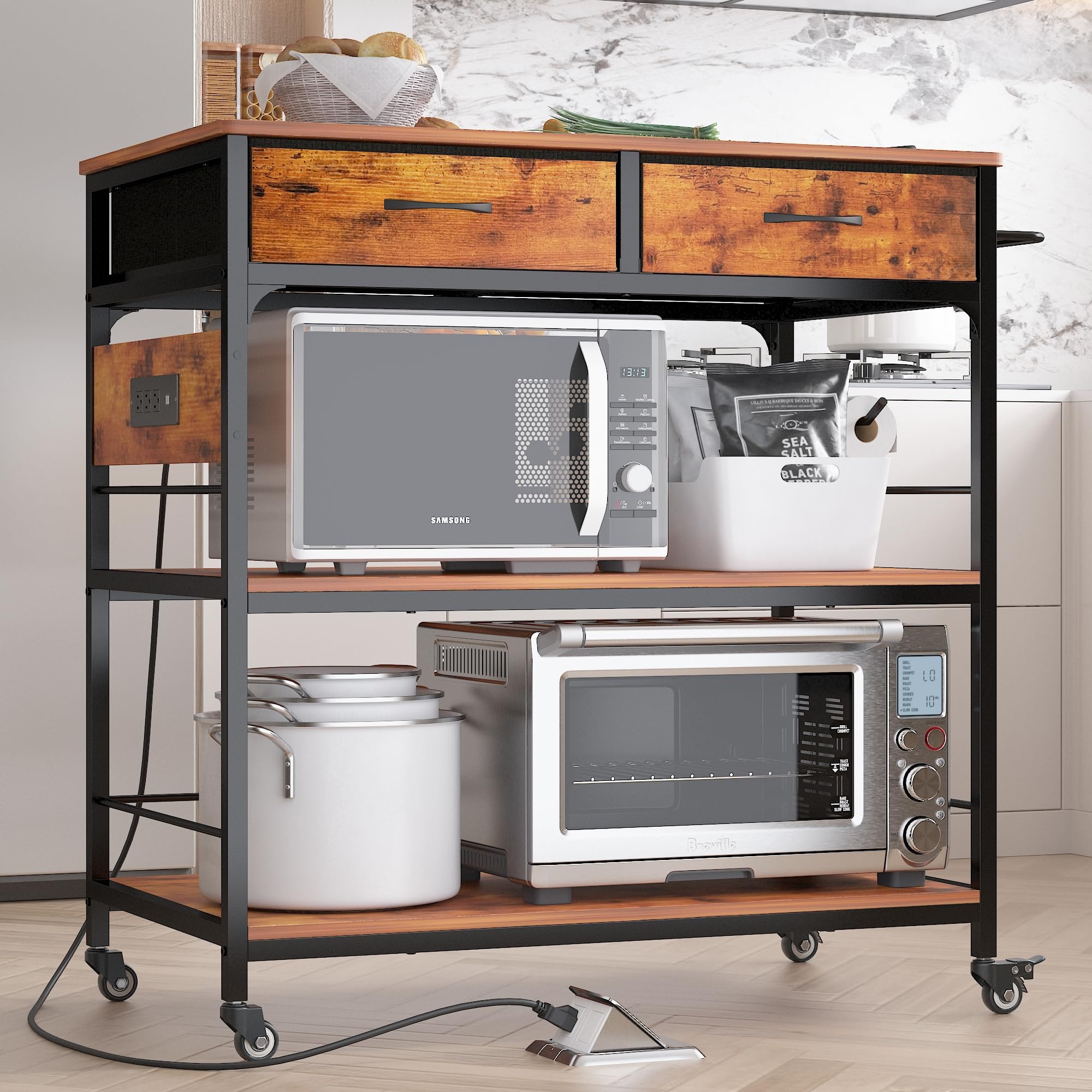 Industrial Kitchen Island Cart with Storage & Power Outlet - Mobile Rolling Kitchen Cart with Wheels for Small Spaces, Home Cooking & Food Prep Station - Perfect for Apartments, Dorms & Compact Kitchens