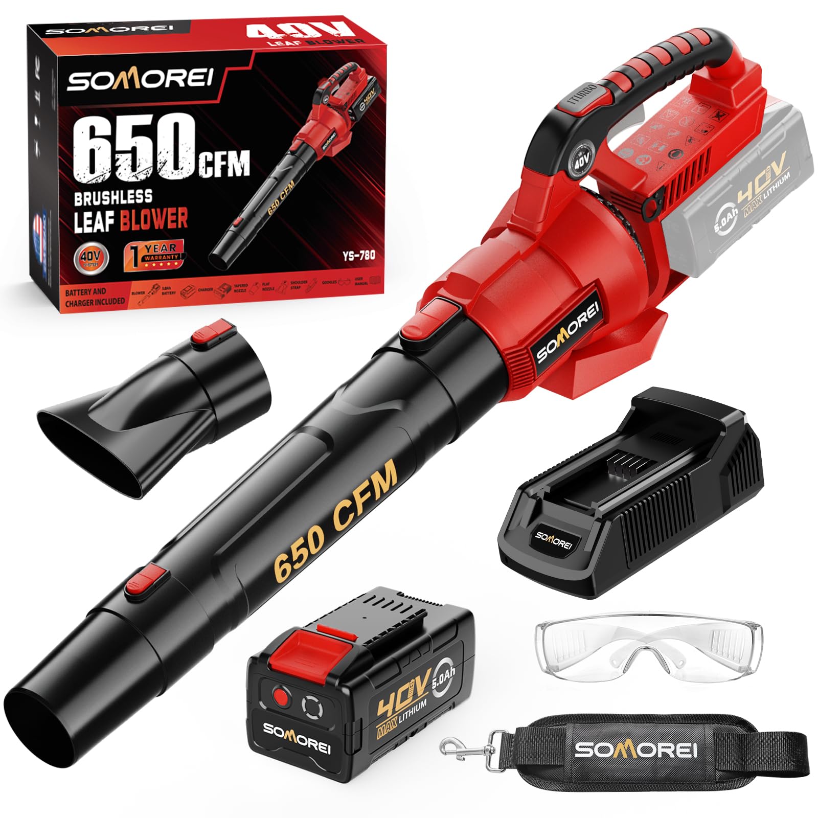 Somorei 40V 650 CFM Brushless Cordless Leaf Blower with 5.0Ah Battery & Charger - Powerful Battery-Powered Lawn Blower for Yard, Garden, Patio, Driveway & Outdoor Cleaning