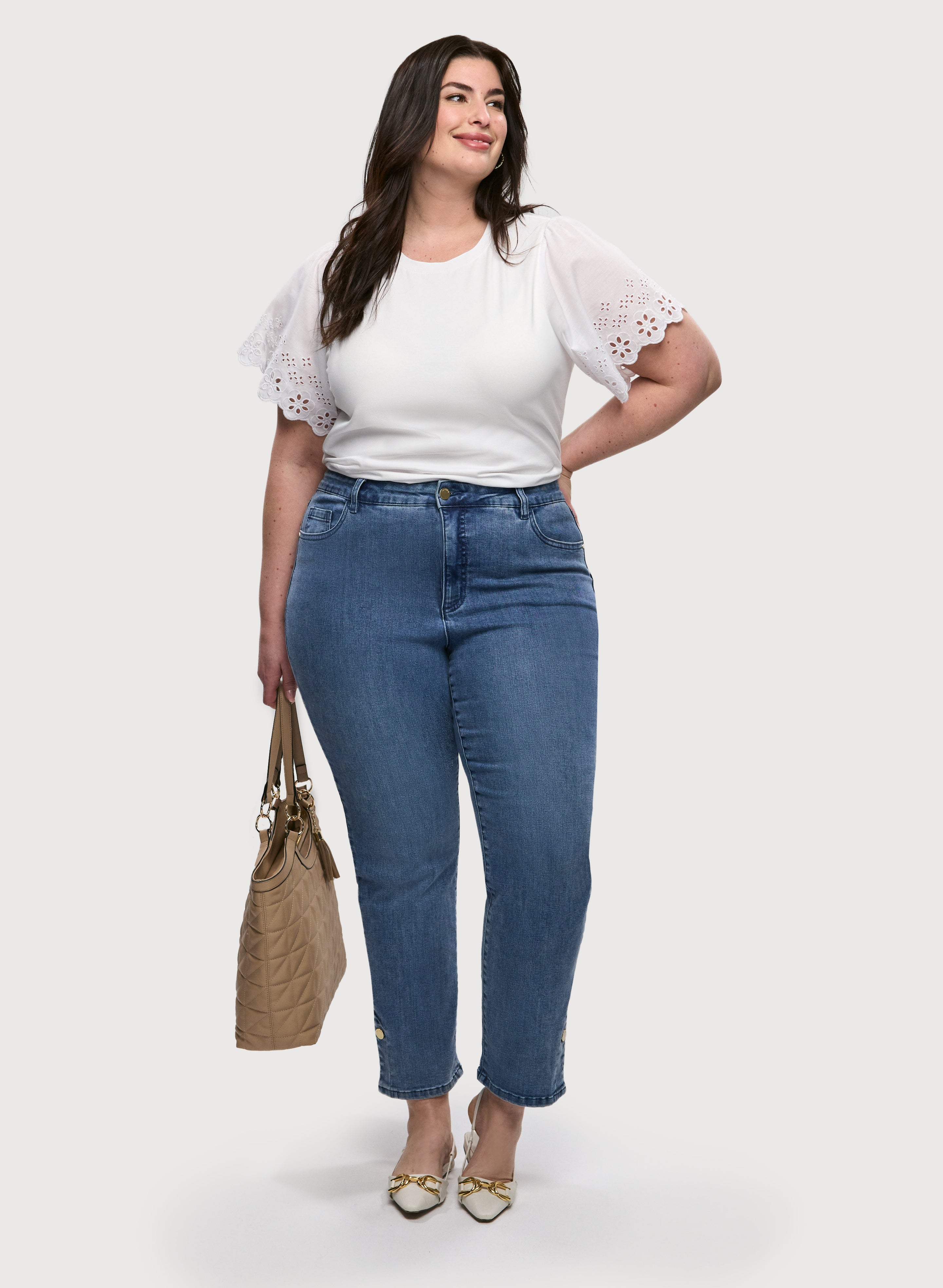 Eyelet Sleeve Tee & Slit Hem Jeans Set - Women's Fashion Trendy Outfit for Casual Wear, Date Night & Street Style