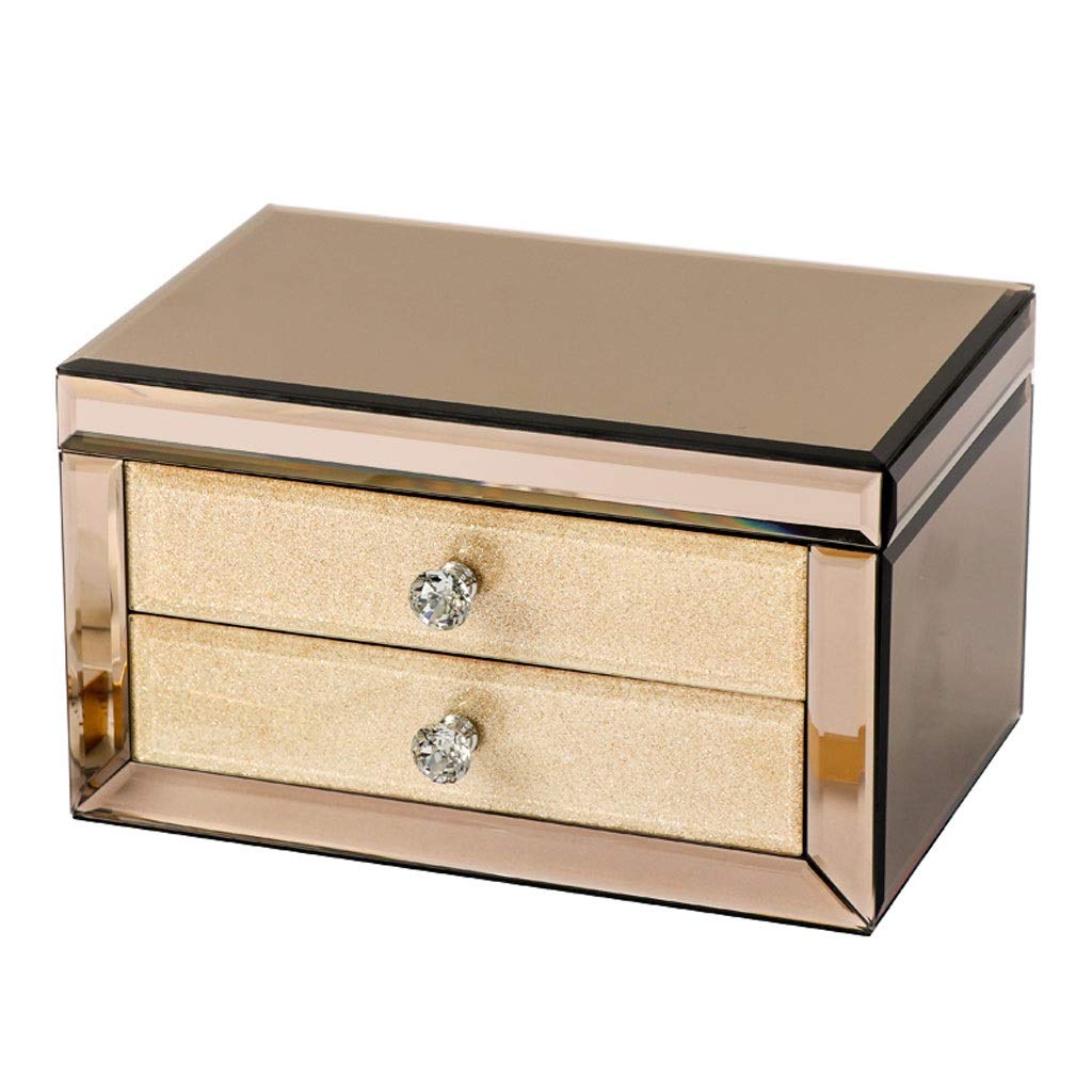 Luxury Glass Jewelry Box with Makeup Mirror - Jewelry Storage Organizer & Trinket Box - Champagne Gold Jewelry Drawer for Necklaces, Rings & Earrings - Perfect for Vanity, Dresser & Travel Organizing