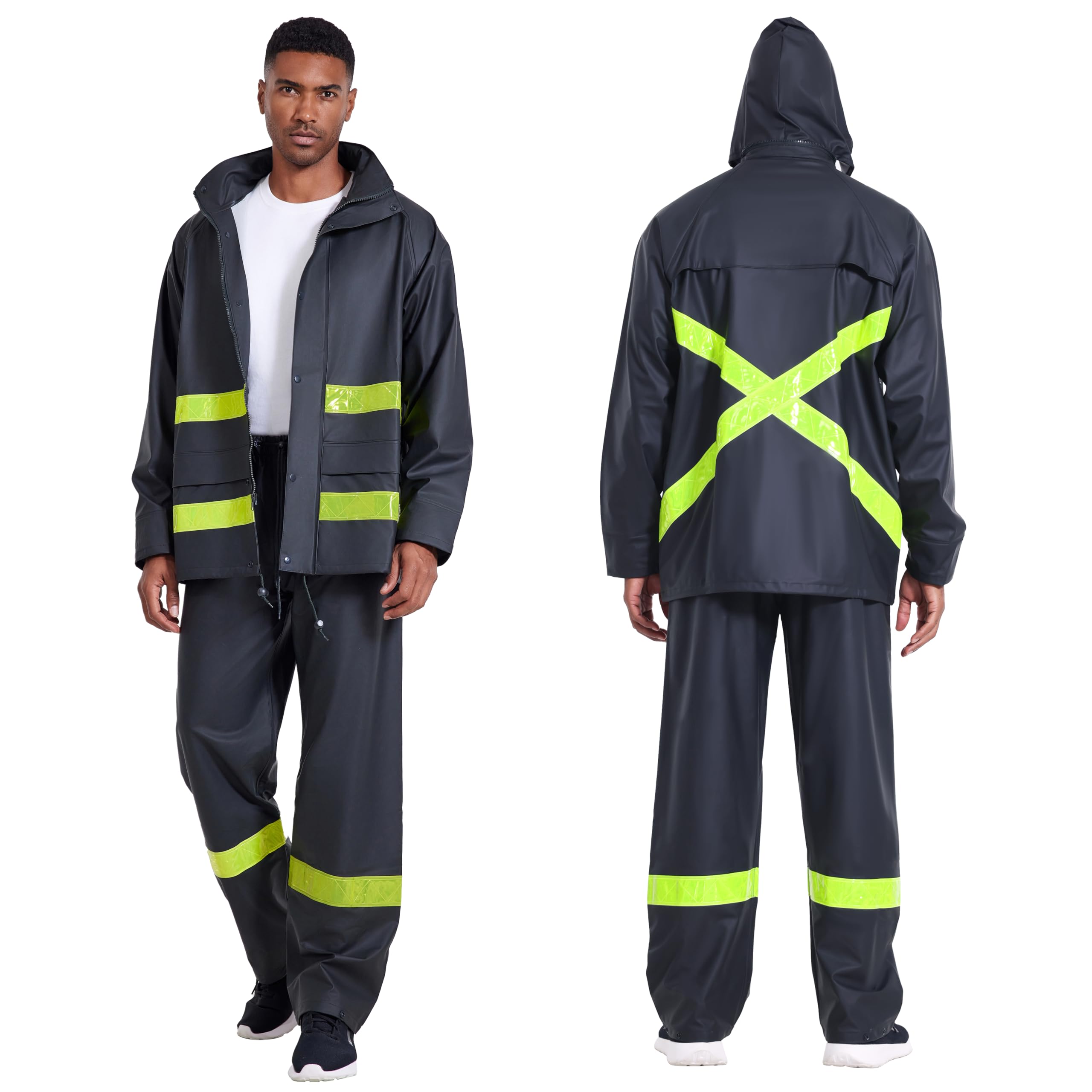 Men's High Visibility Waterproof Rain Suit - PRO Workwear Jacket & Pants Set for Safety, Comfort in Heavy Weather | Ideal for Construction, Outdoor Work & Emergency Situations