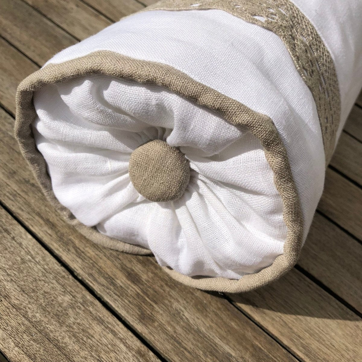 White Linen Bolster Boudoir Pillow with Natural Lace Trim - Elegant Bedroom Decor for Luxury Bedding, Sofa & Reading Nook