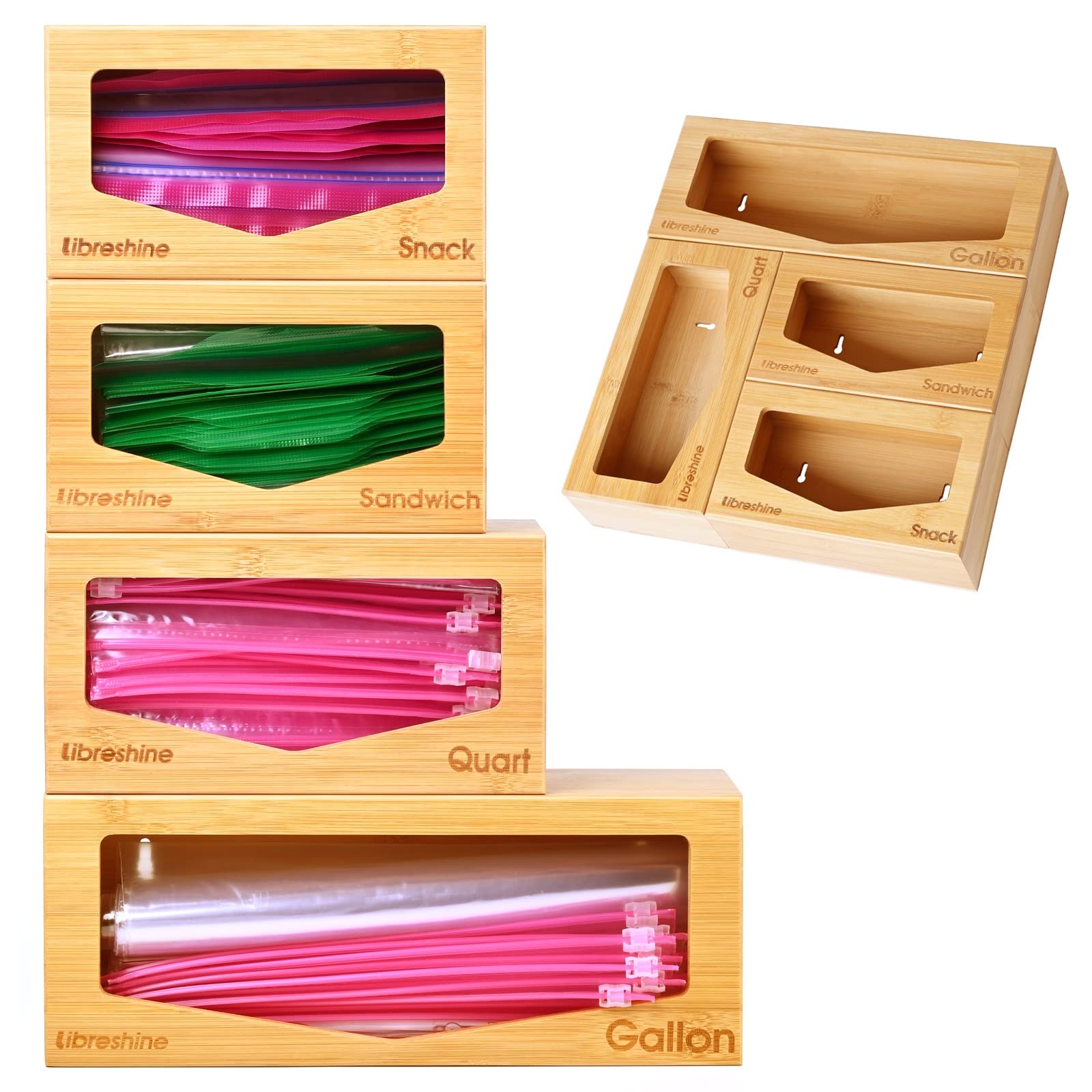 Libreshine Premium Bamboo Ziplock Bag Organizer & Dispenser - Large Capacity Storage for Gallon, Quart, Sandwich & Snack Bags - Perfect for Kitchen Drawer Organization & Food Storage