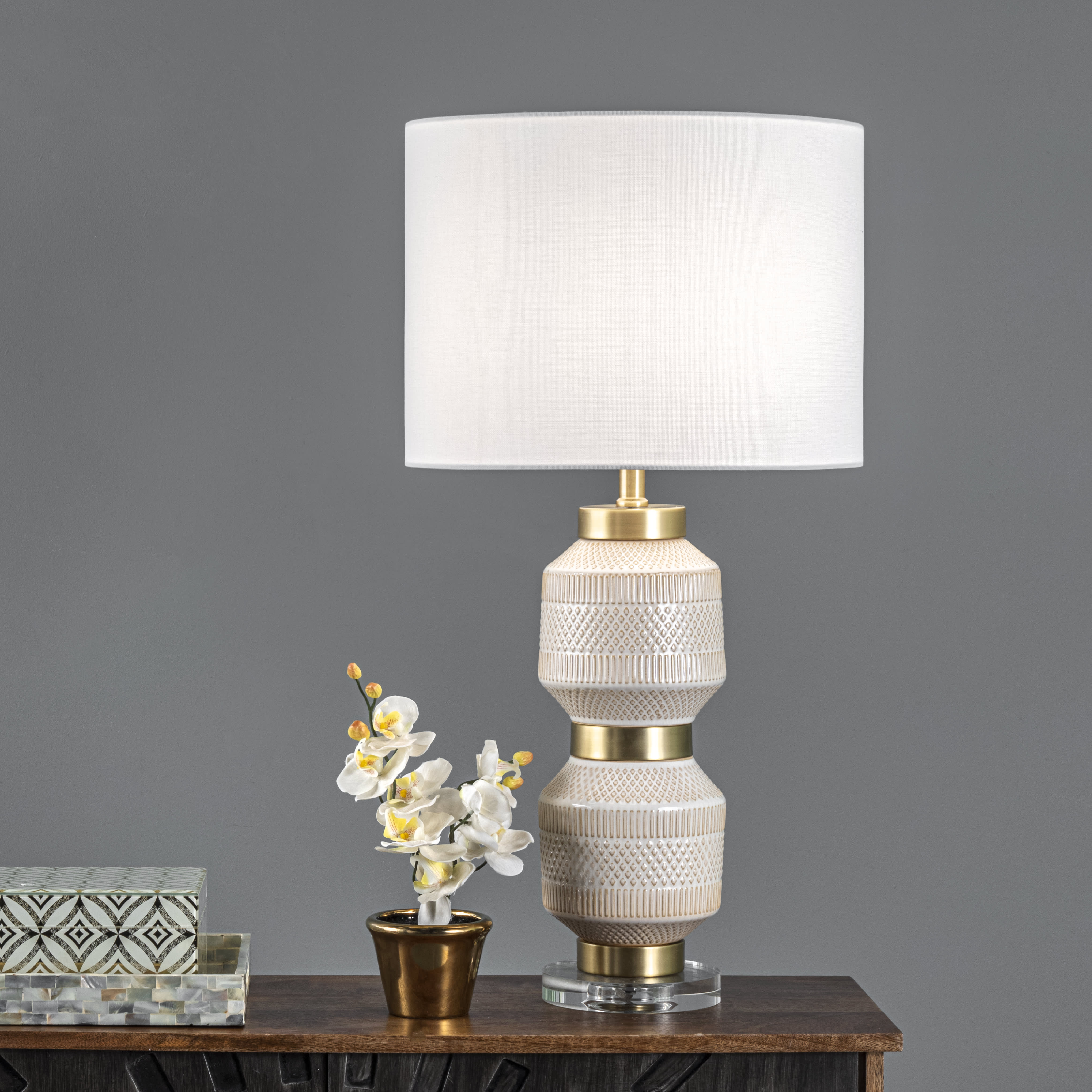 29 Inch Stacked Ceramic Oriental Table Lamp in Ivory - Elegant Home Decor for Living Room, Bedroom, or Office Lighting