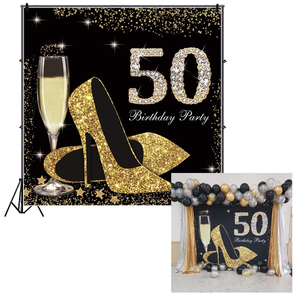CSFOTO 7x7ft Happy Birthday Backdrop for Women - 50th Birthday Party Decor with Black & Gold Crystal High Heels, Champagne Glitter & Diamond Design - Vinyl Wallpaper for Photography, Cake Table & Wall Decoration - Perfect for Birthday Parties, Baby Showers & Special Events
