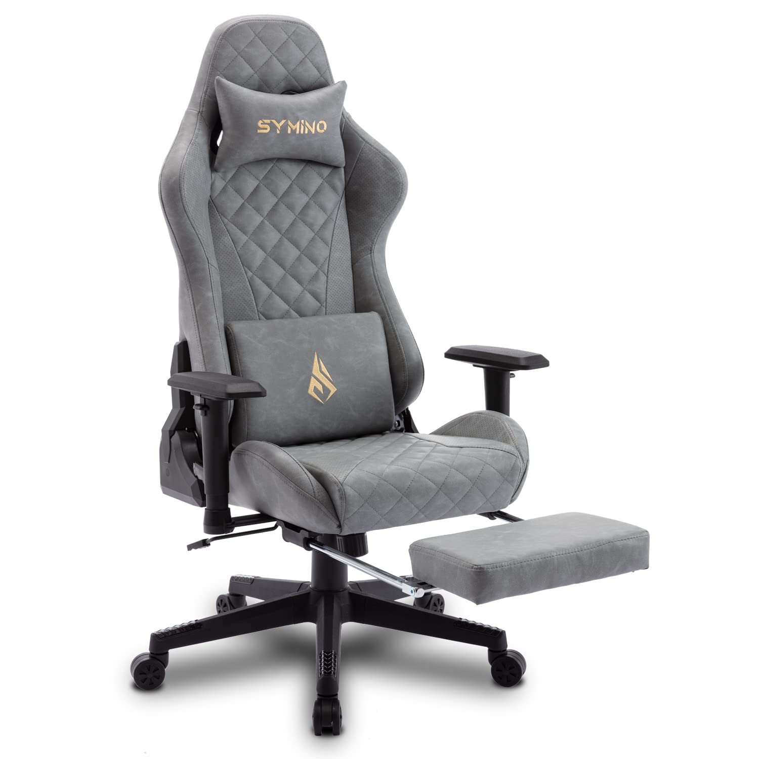 Symino Ergonomic Gaming Chair - Racing Style PU Leather Office Chair with 3D Adjustable Armrests & Footrest for PC Gaming, Work & Home Use (Grey) - Perfect for Esports, Streaming & Long Work Sessions